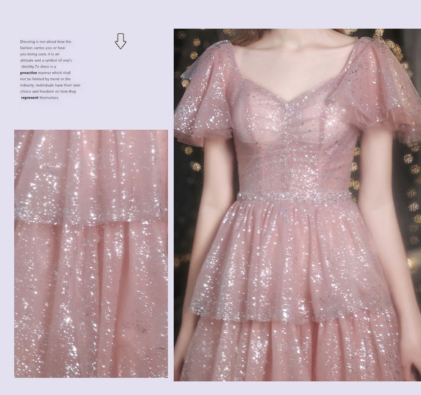 Sweetheart-Neckline Evening Sequined Short-Sleeve A-Line Gown Layered