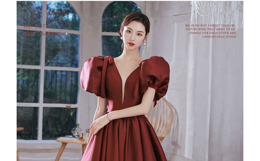 Evening Plain A-Line Puff-Sleeve Mesh Gown Panel