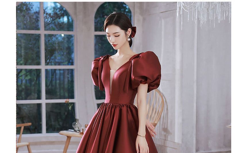 Evening Plain A-Line Puff-Sleeve Mesh Gown Panel