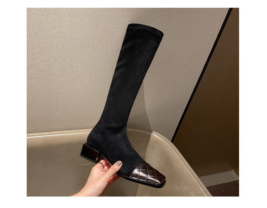 Panel Boots Quilted Square-Toe Block Heel Knee-High