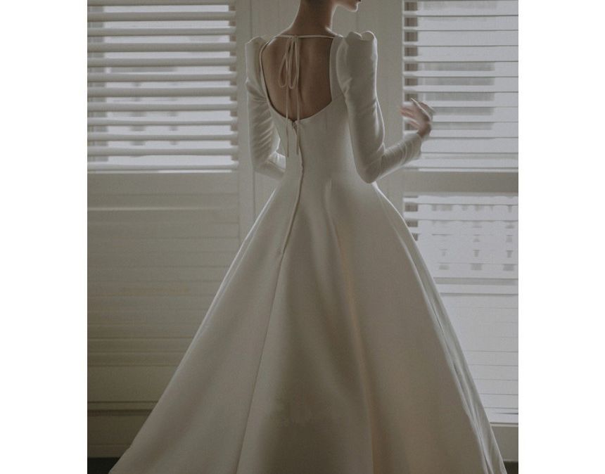 Plain Wedding Gown Puff-Sleeve A-Line Square-Neck
