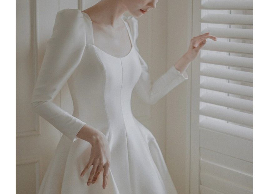 Plain Wedding Gown Puff-Sleeve A-Line Square-Neck