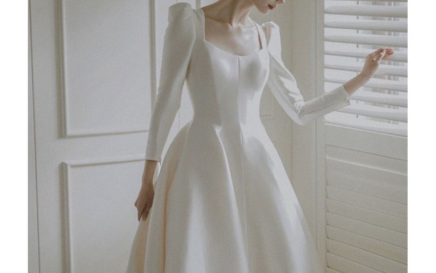 Plain Wedding Gown Puff-Sleeve A-Line Square-Neck
