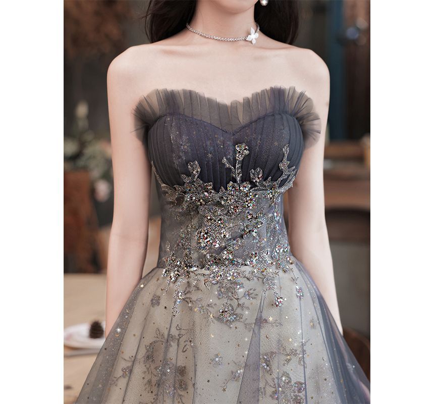 Glitter Evening Strapless Gown A-Line Panel Sheer