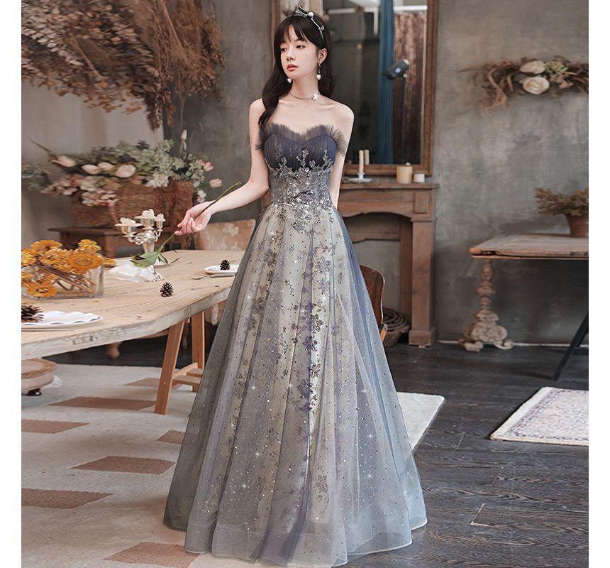 Glitter Evening Strapless Gown A-Line Panel Sheer