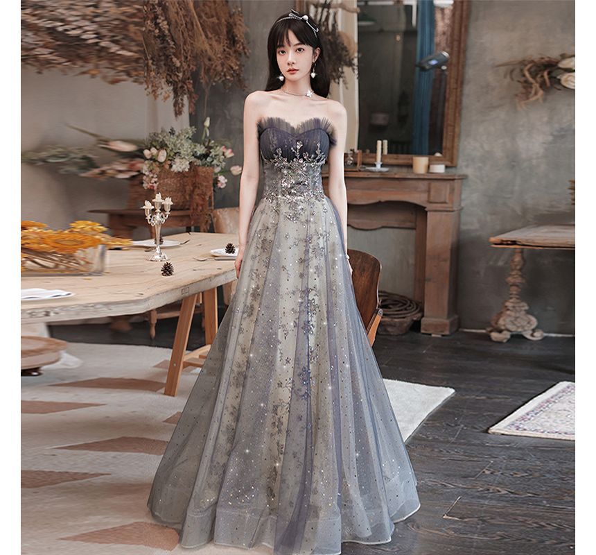 Glitter Evening Strapless Gown A-Line Panel Sheer