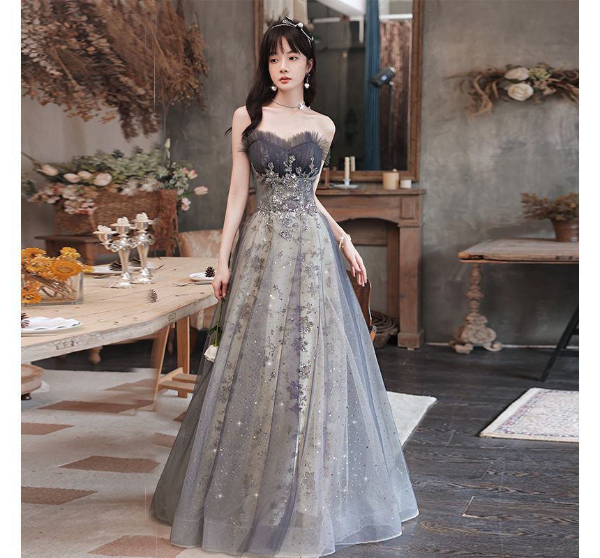 Glitter Evening Strapless Gown A-Line Panel Sheer