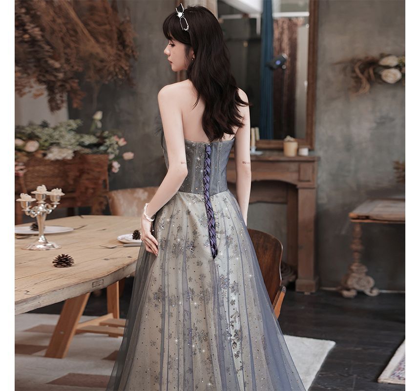 Glitter Evening Strapless Gown A-Line Panel Sheer