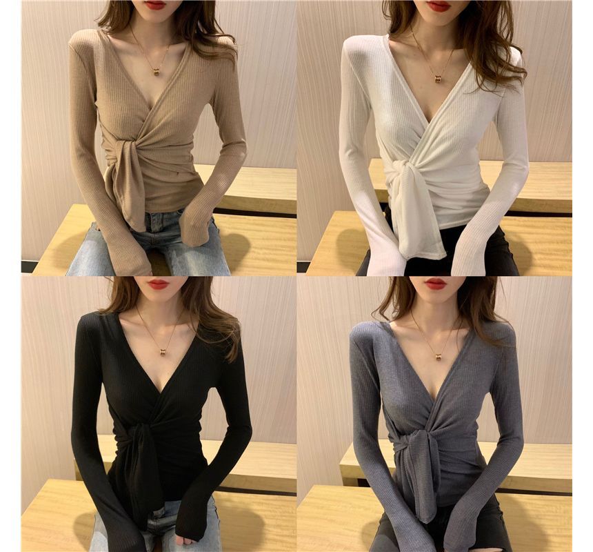 Plain Long-Sleeve Slim-Fit Knot V-Neck Top