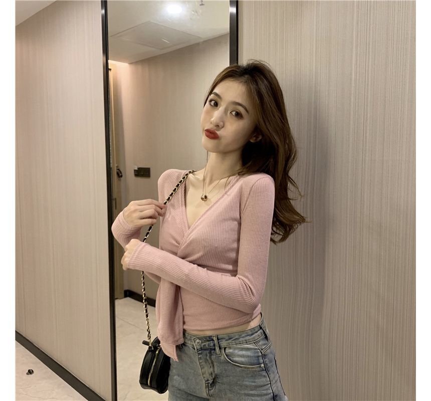 Plain Long-Sleeve Slim-Fit Knot V-Neck Top