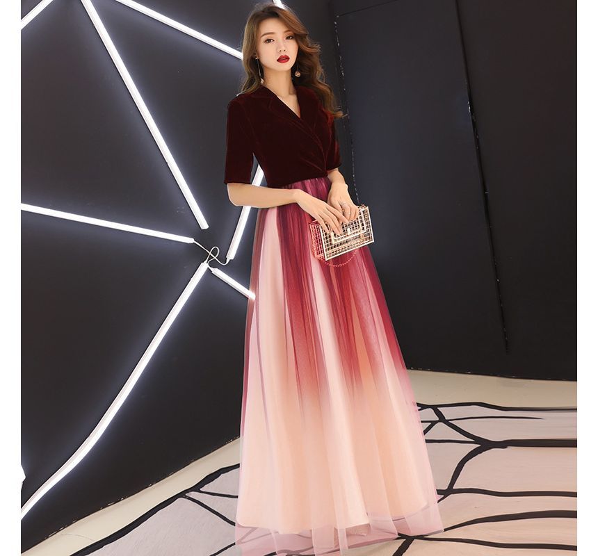 A-Line Gown Evening Ombre V-Neck Short-Sleeve