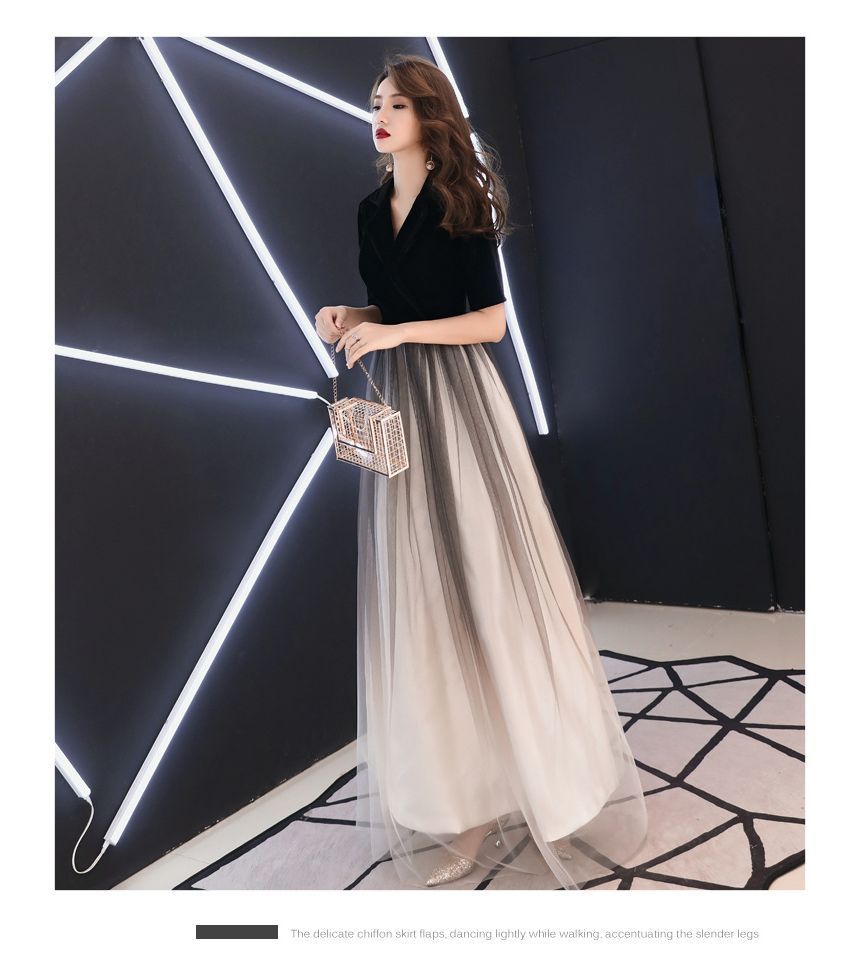 A-Line Gown Evening Ombre V-Neck Short-Sleeve