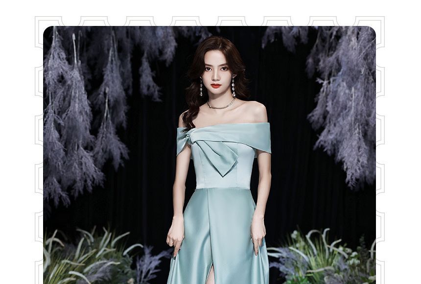 Evening Off-Shoulder A-Line Tie-Front Plain Gown