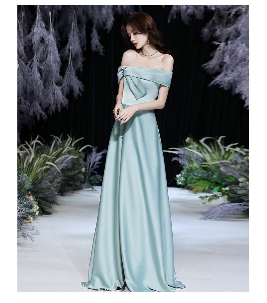Evening Off-Shoulder A-Line Tie-Front Plain Gown