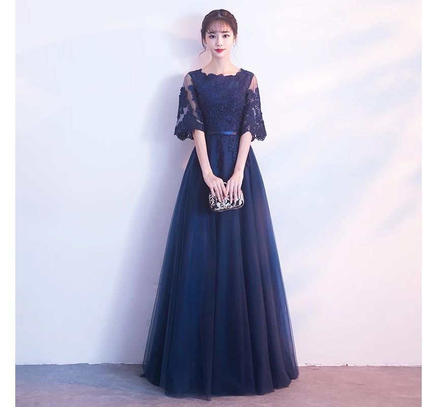 Floral Evening Short-Sleeve A-Line Embroidered Gown