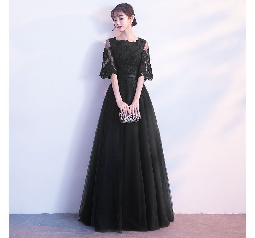 Floral Evening Short-Sleeve A-Line Embroidered Gown