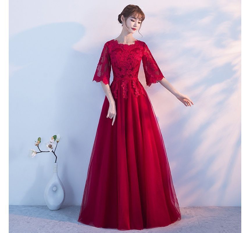 Floral Evening Short-Sleeve A-Line Embroidered Gown