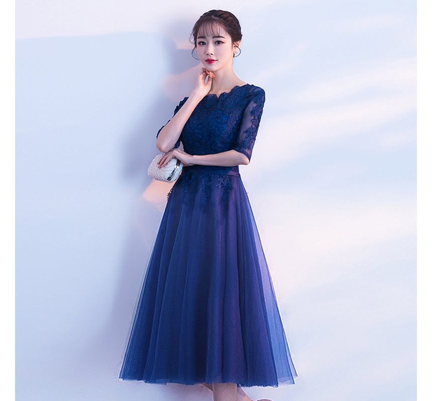 Floral Evening Short-Sleeve A-Line Embroidered Gown