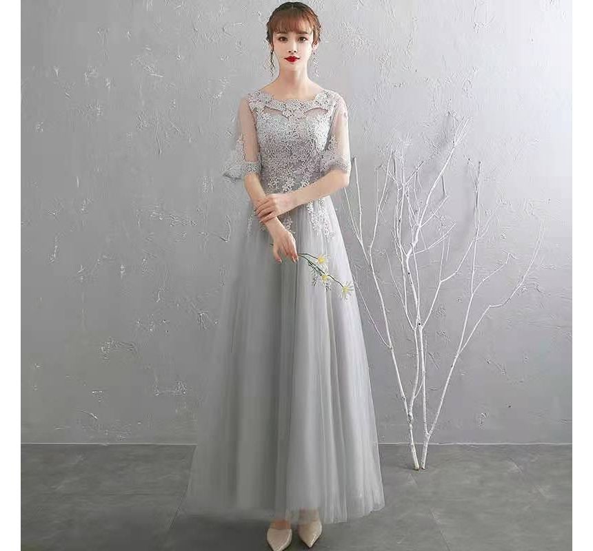 Floral Evening Short-Sleeve A-Line Embroidered Gown