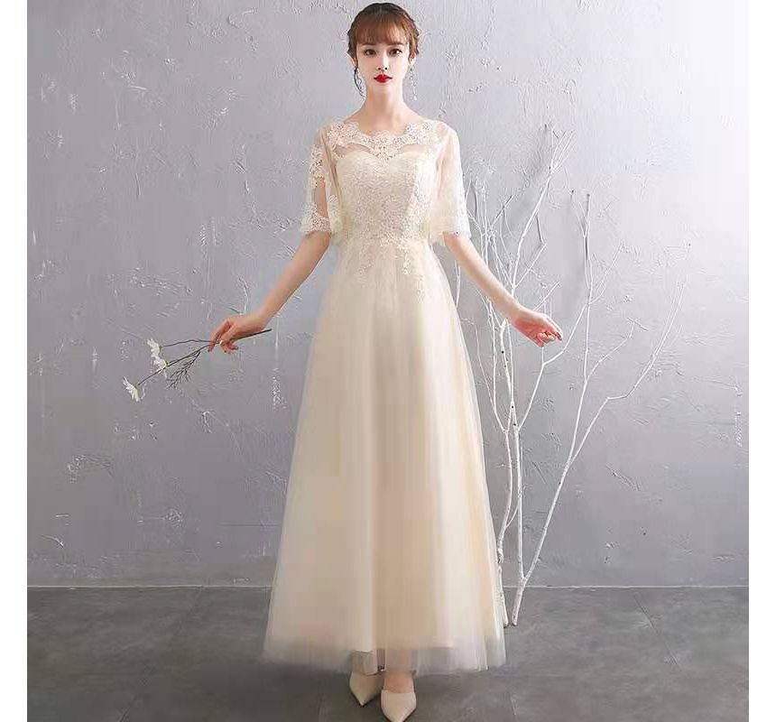 Floral Evening Short-Sleeve A-Line Embroidered Gown