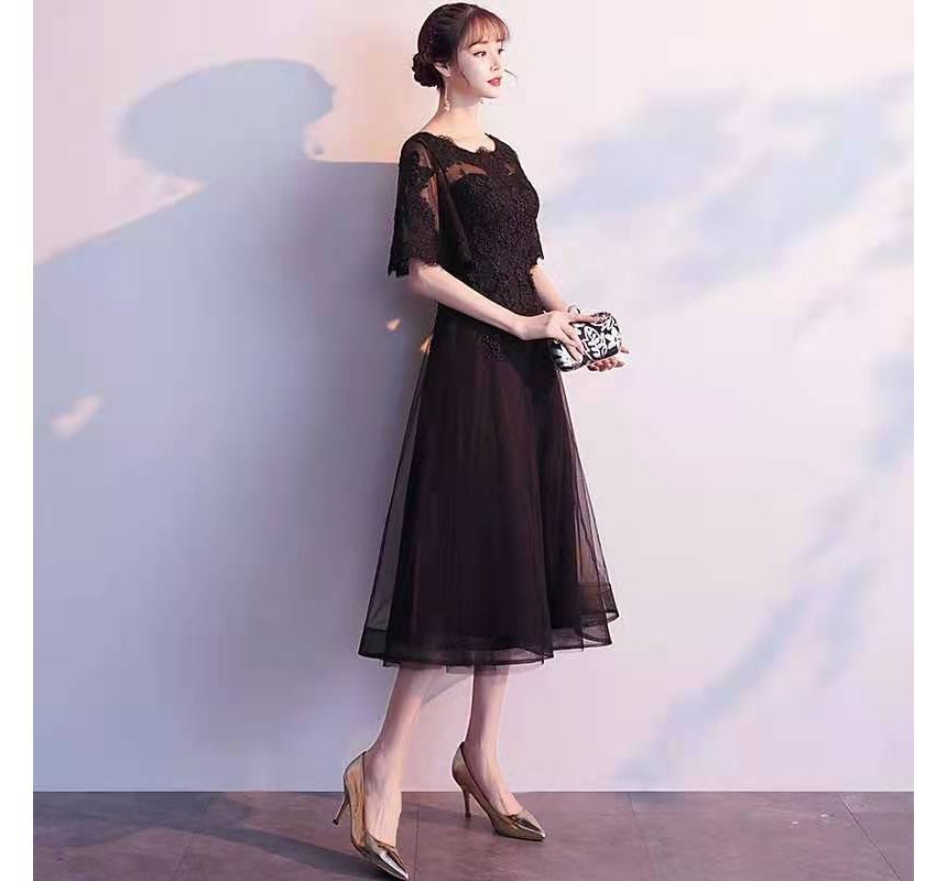 Floral Evening Short-Sleeve A-Line Embroidered Gown