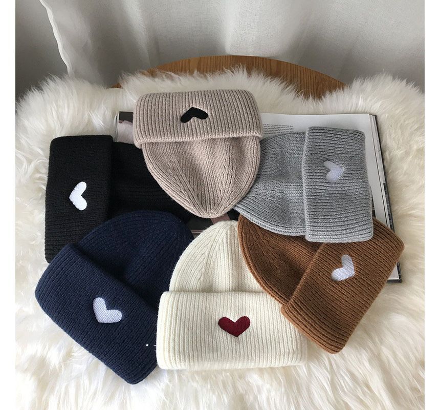 Embroidered Beanie Knit Heart