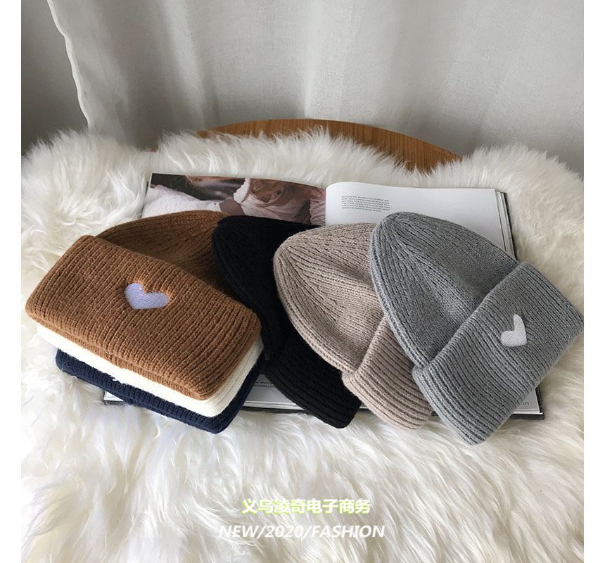Embroidered Beanie Knit Heart