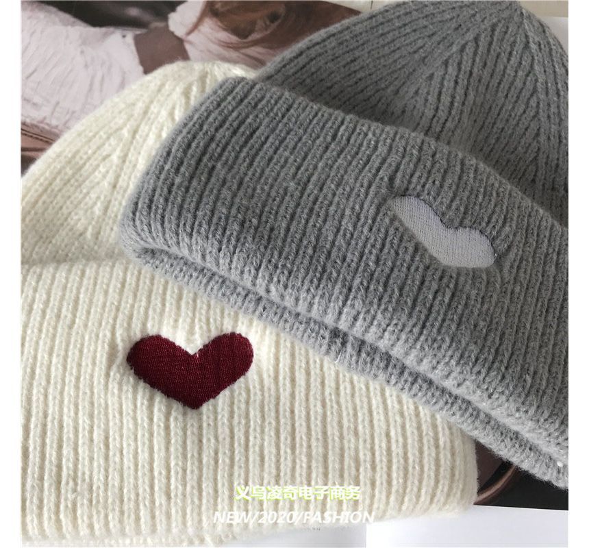 Embroidered Beanie Knit Heart