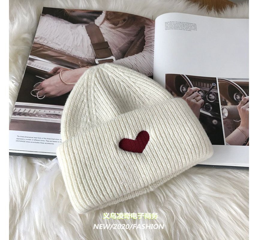 Embroidered Beanie Knit Heart