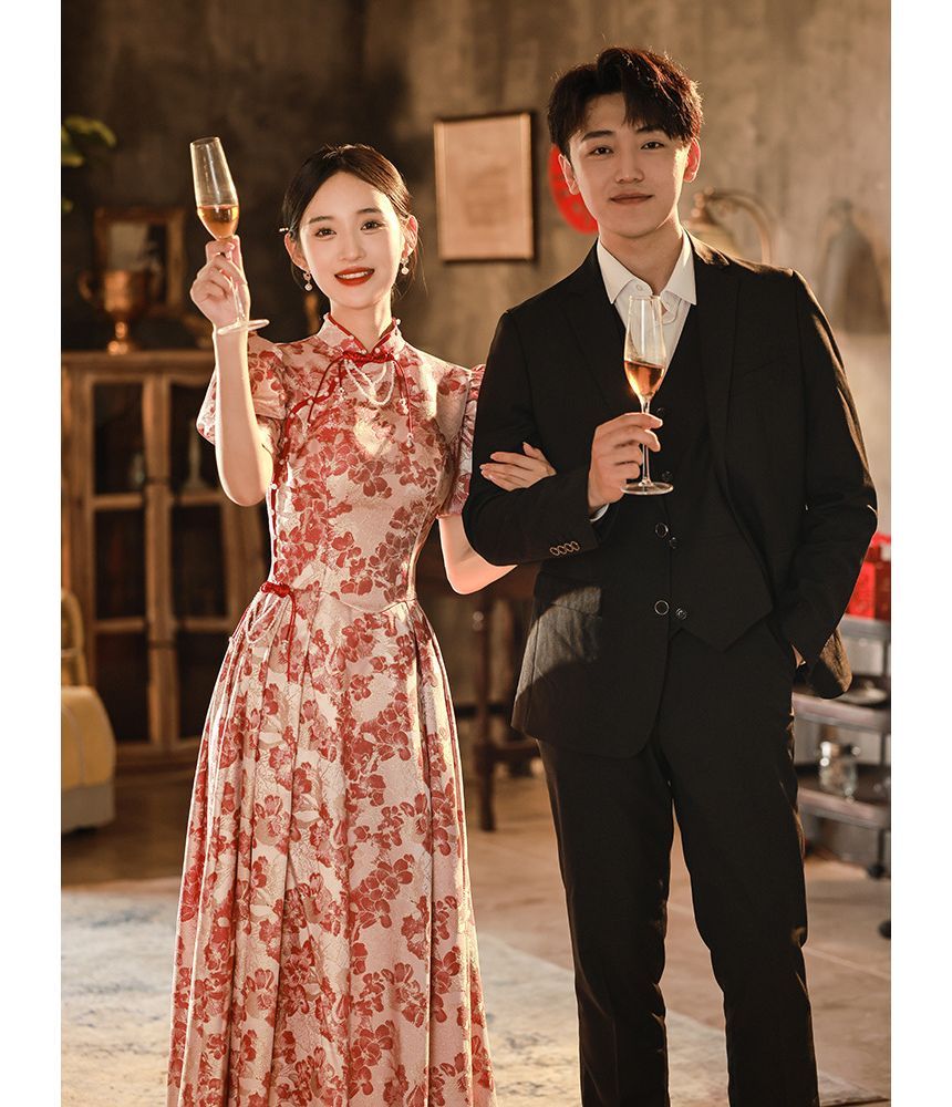 Short-Sleeve Embroidered Gown Qipao Floral Bridal Evening