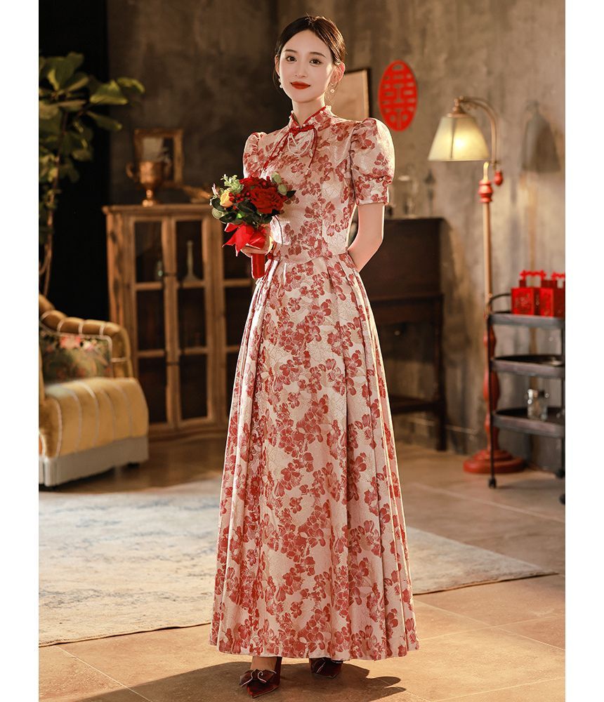 Short-Sleeve Embroidered Gown Qipao Floral Bridal Evening
