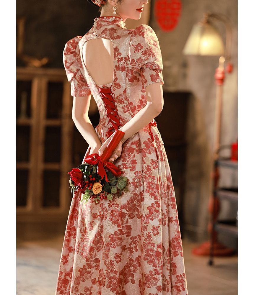 Short-Sleeve Embroidered Gown Qipao Floral Bridal Evening