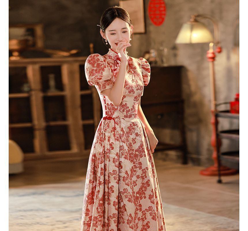 Short-Sleeve Embroidered Gown Qipao Floral Bridal Evening