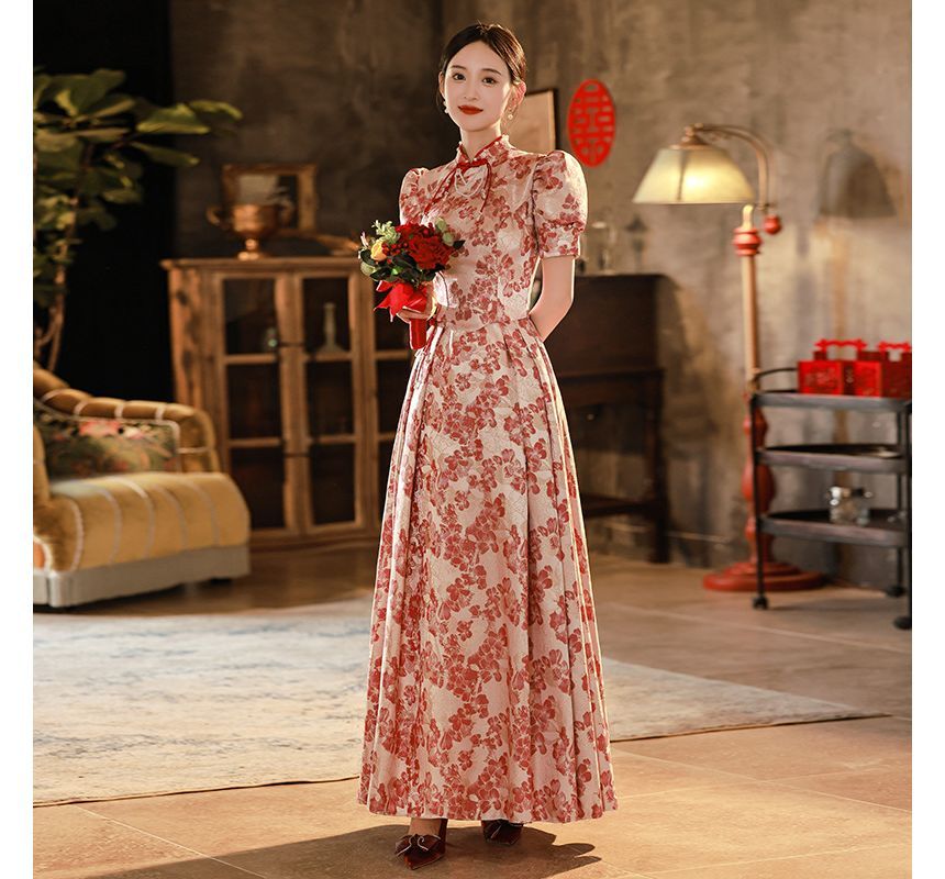 Short-Sleeve Embroidered Gown Qipao Floral Bridal Evening