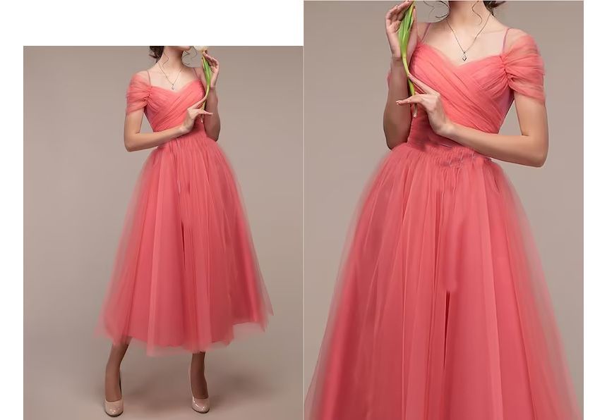 Shirred A-Line Evening Cold-Shoulder Mesh Gown