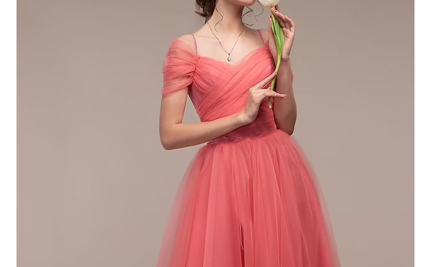 Shirred A-Line Evening Cold-Shoulder Mesh Gown