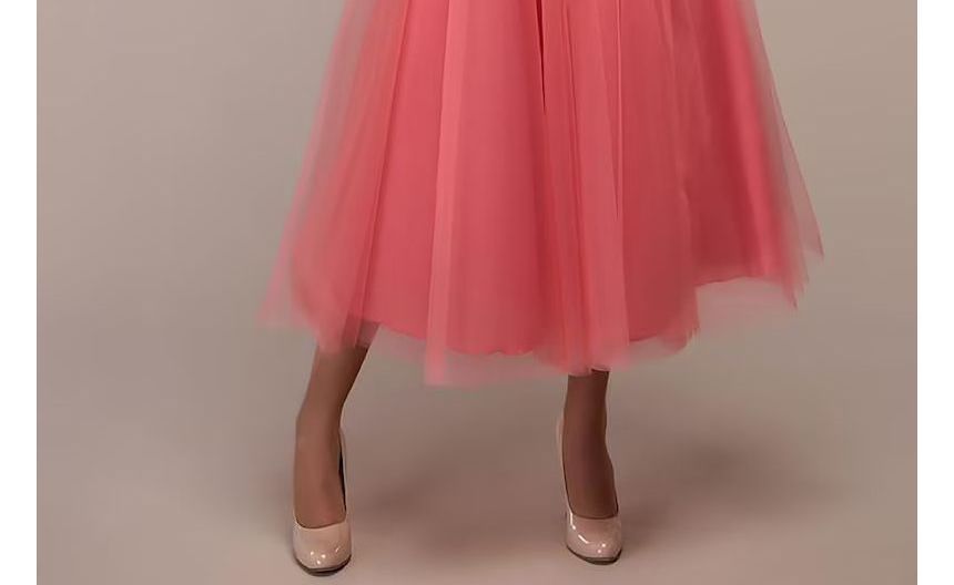 Shirred A-Line Evening Cold-Shoulder Mesh Gown