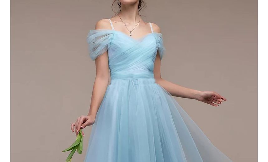 Shirred A-Line Evening Cold-Shoulder Mesh Gown