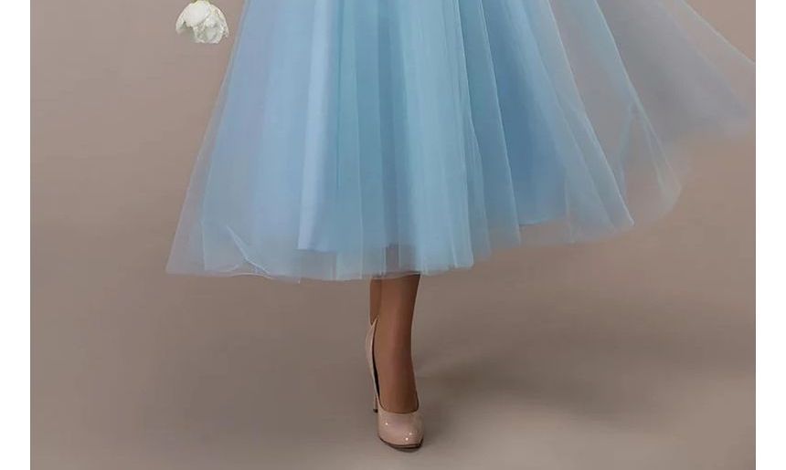 Shirred A-Line Evening Cold-Shoulder Mesh Gown