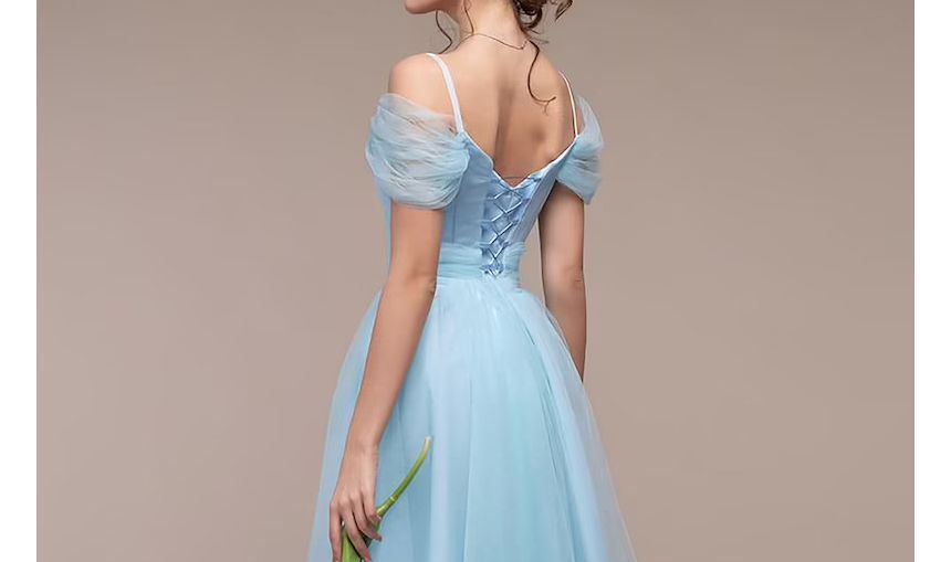 Shirred A-Line Evening Cold-Shoulder Mesh Gown