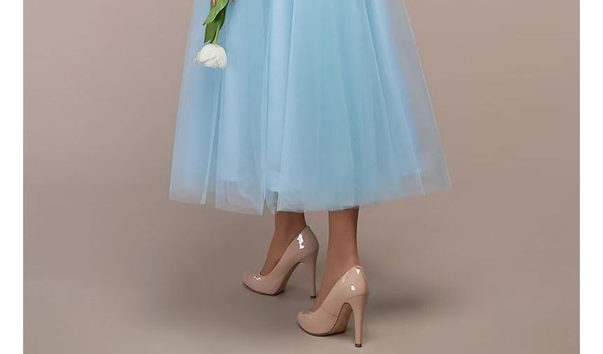 Shirred A-Line Evening Cold-Shoulder Mesh Gown