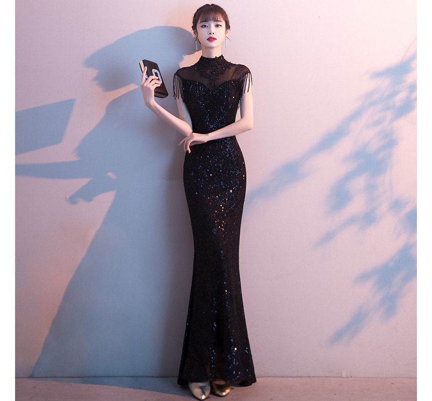 Gown Short-Sleeve Fringed Mermaid Trim Sequin Evening