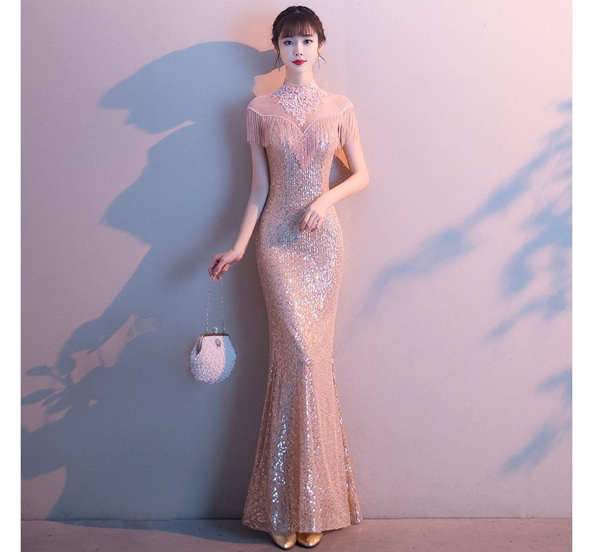 Gown Short-Sleeve Fringed Mermaid Trim Sequin Evening