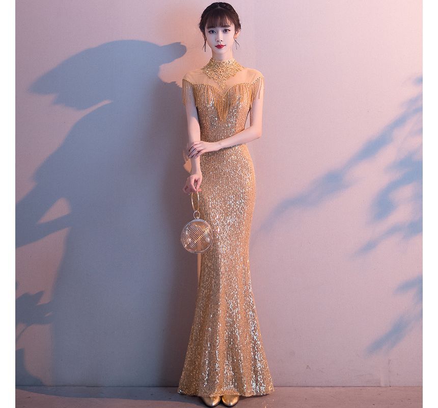 Gown Short-Sleeve Fringed Mermaid Trim Sequin Evening