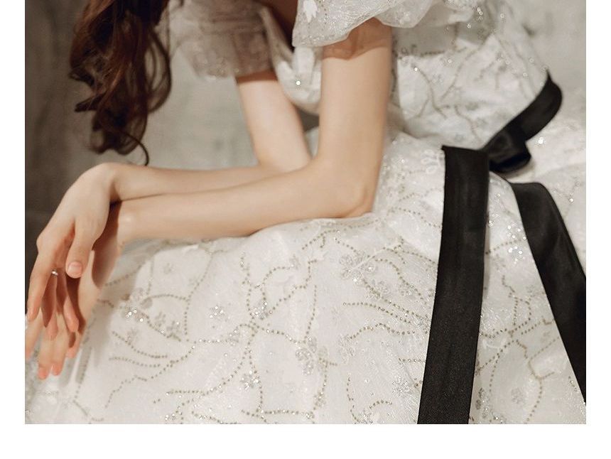 Floral Evening Gown Bow A-Line Puff-Sleeve Accent