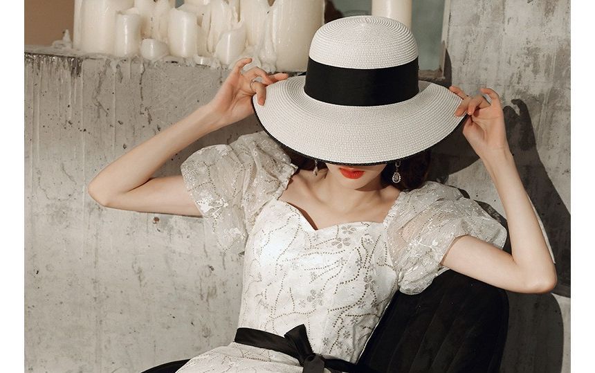 Floral Evening Gown Bow A-Line Puff-Sleeve Accent