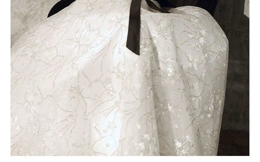 Floral Evening Gown Bow A-Line Puff-Sleeve Accent