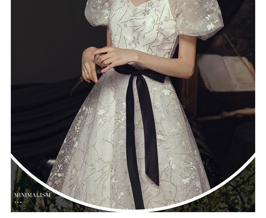 Floral Evening Gown Bow A-Line Puff-Sleeve Accent