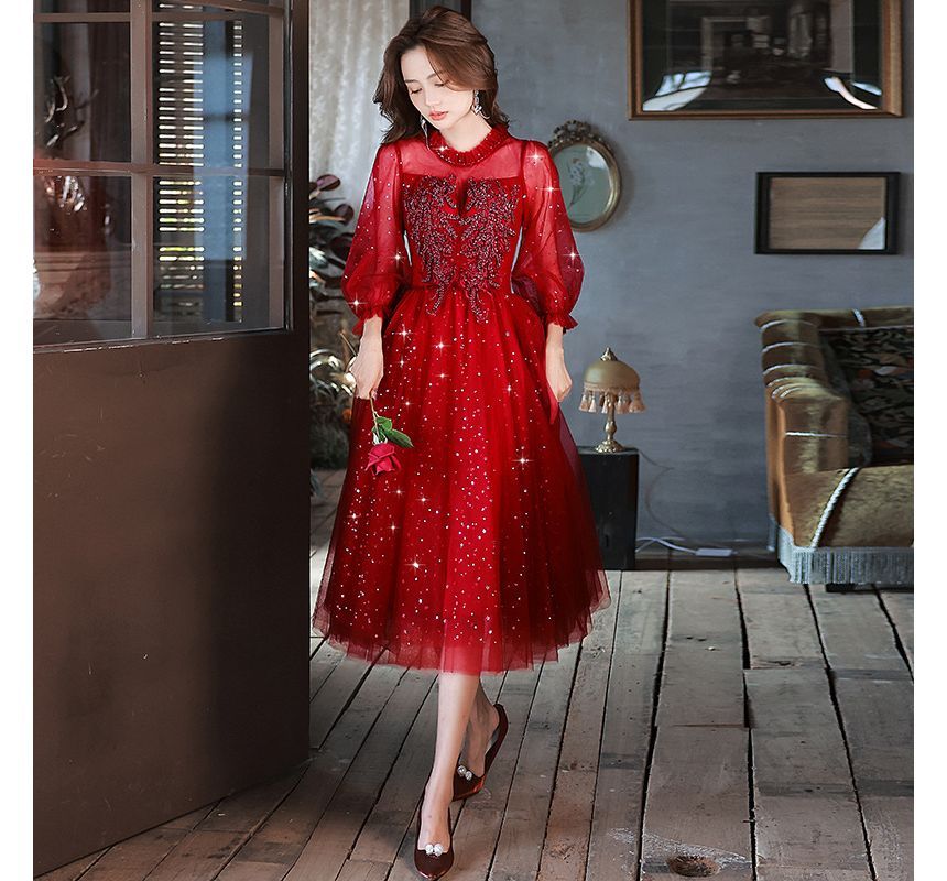 Cocktail Evening / Midi Dress Gown Flower A-Line Sequin Embroidered Puff-Sleeve