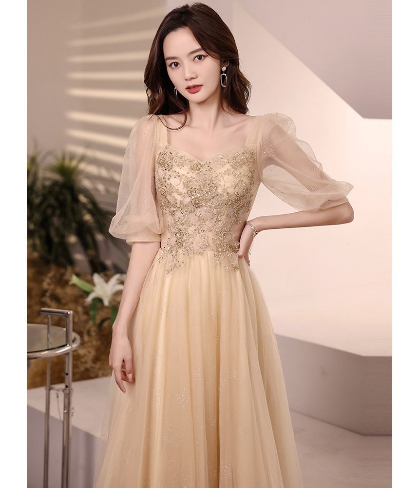 Cocktail Evening / Midi Dress Gown Flower A-Line Sequin Embroidered Puff-Sleeve